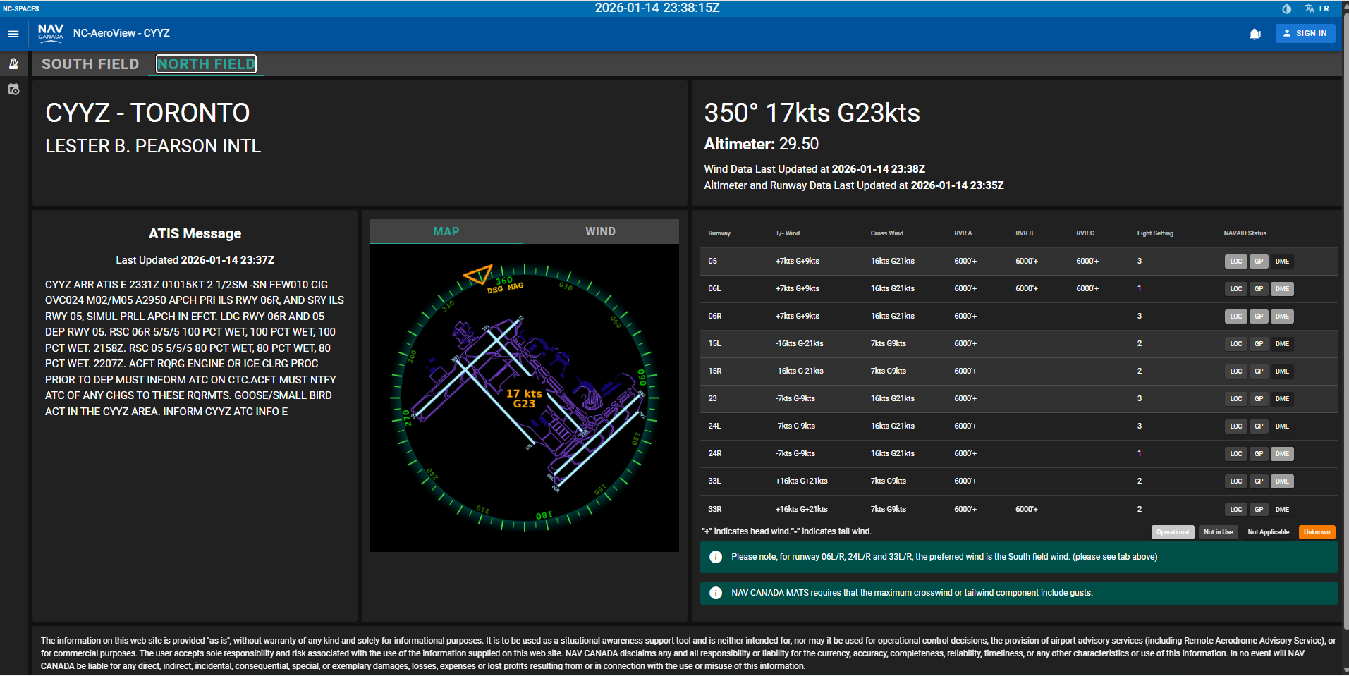 AeroView capture Jan 14 18:38:22 showing strong crosswinds on runway 05.