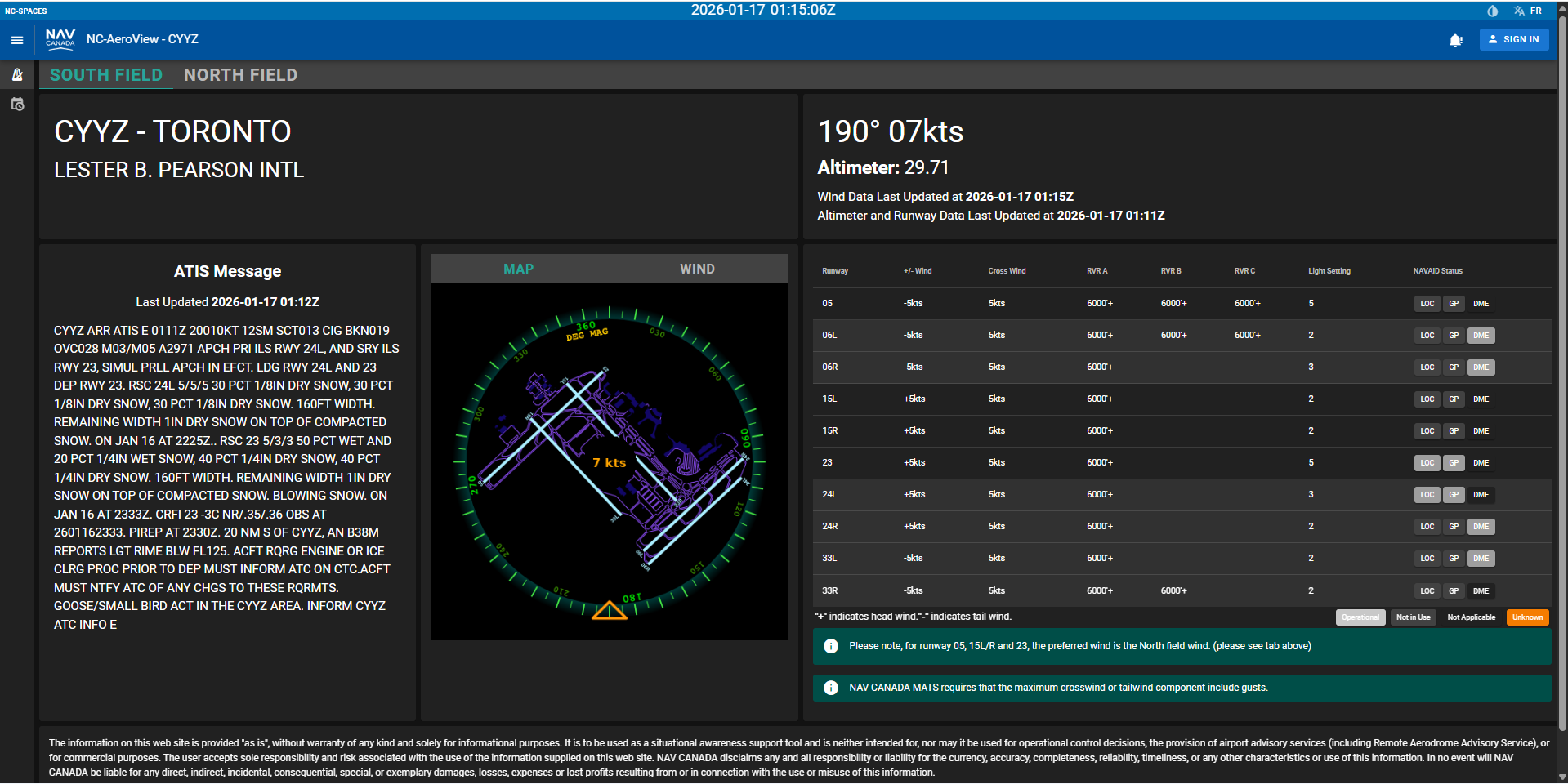 AeroView South Field tab showing 190 degrees at 7 knots.