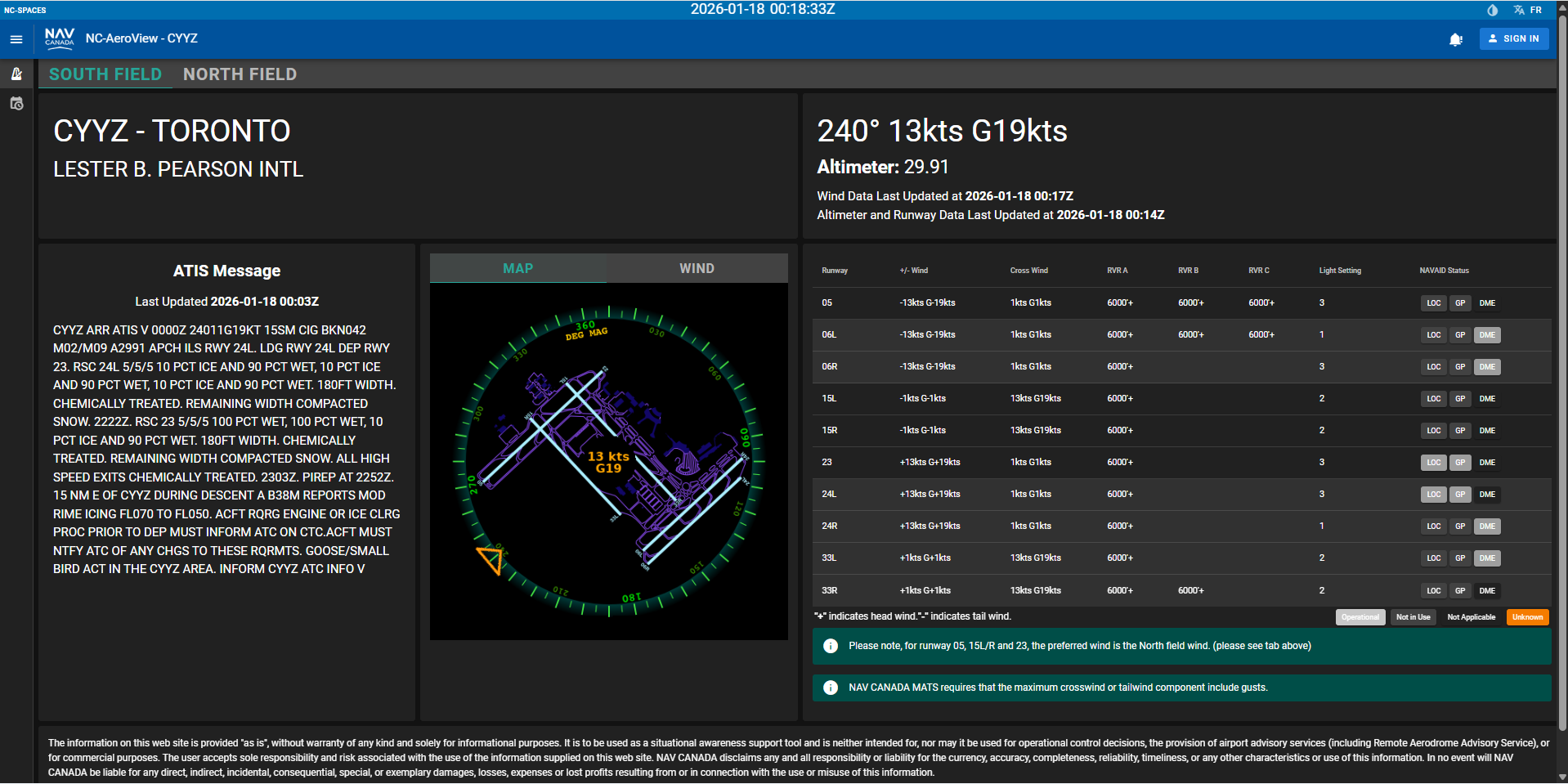 AeroView North Field screen showing 260 degrees at 12 knots, gusting 18.