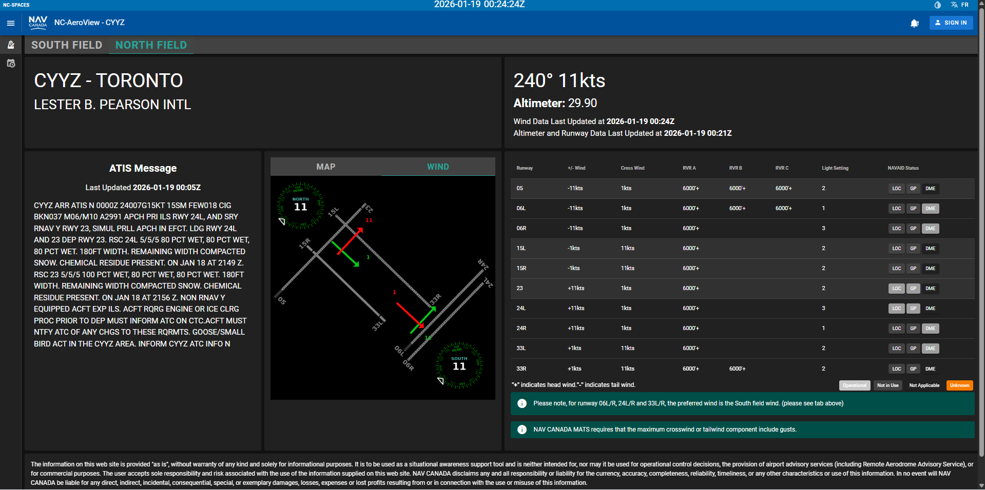 AeroView evening capture Jan 18, confirming wind conditions compatible with alternative runways.