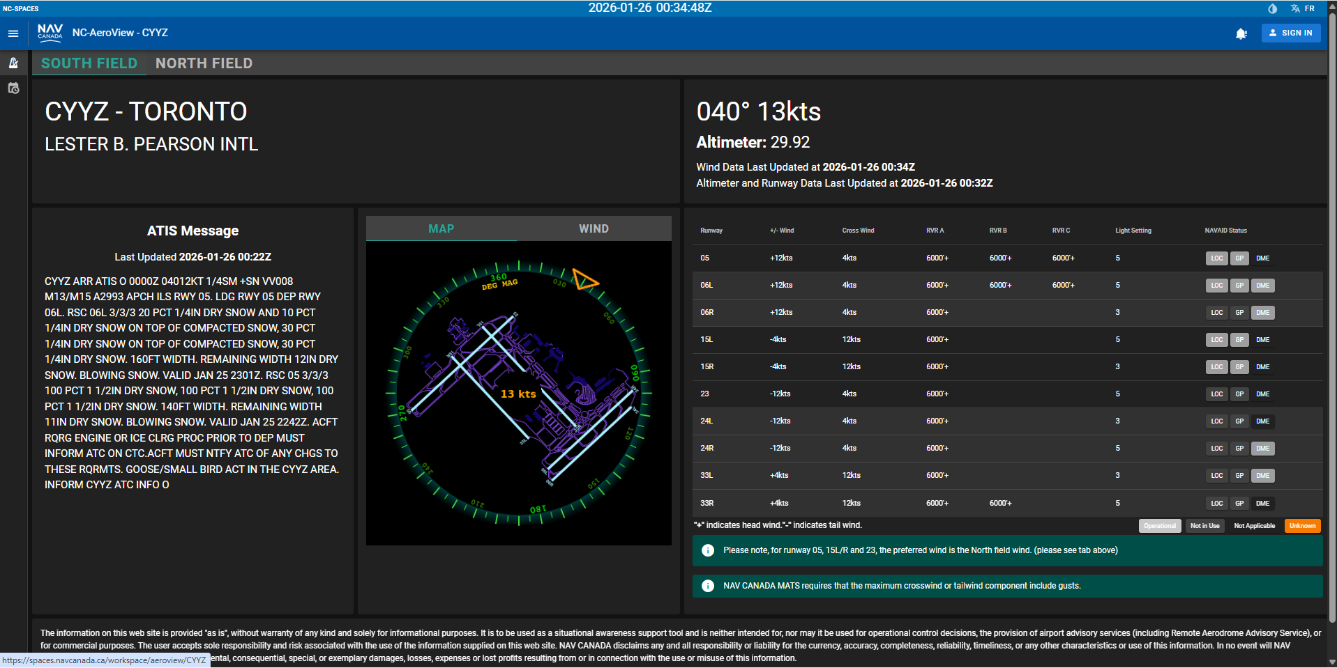 AeroView South Field display with 040 degrees at 13 knots and low crosswind components.