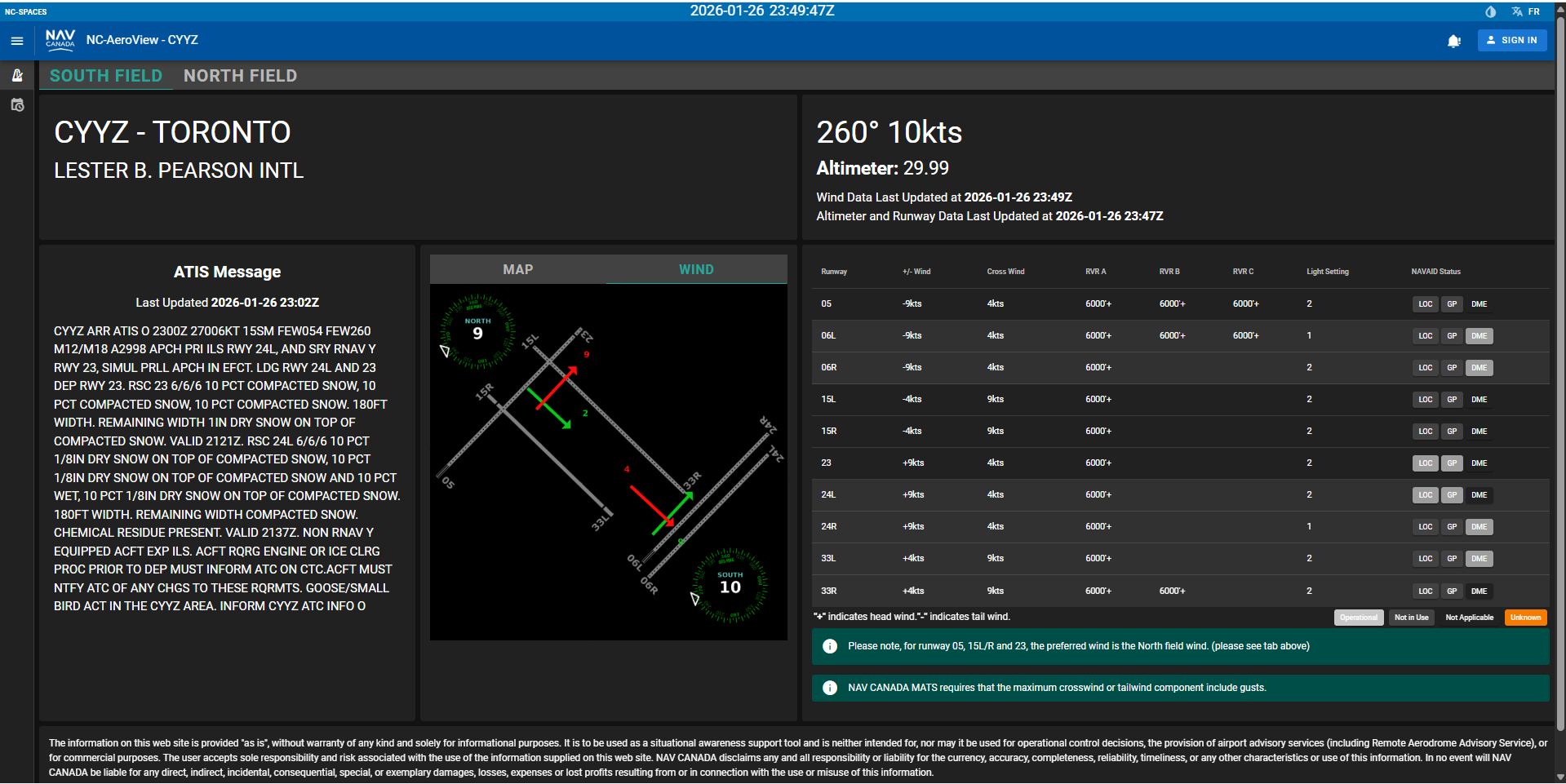 AeroView South Field display with 260 degrees at 10 knots.