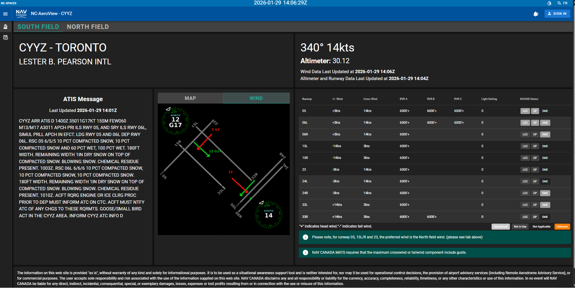 AeroView Jan 29 component view showing multiple runway options remain viable.