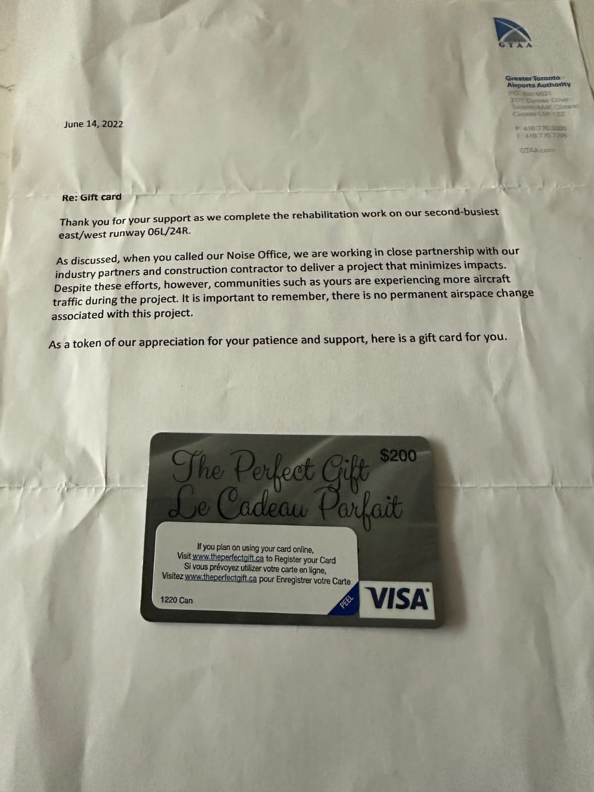 GTAA letter dated June 14, 2022 referring to a gift card for runway rehabilitation impacts, with a $200 prepaid Visa card attached