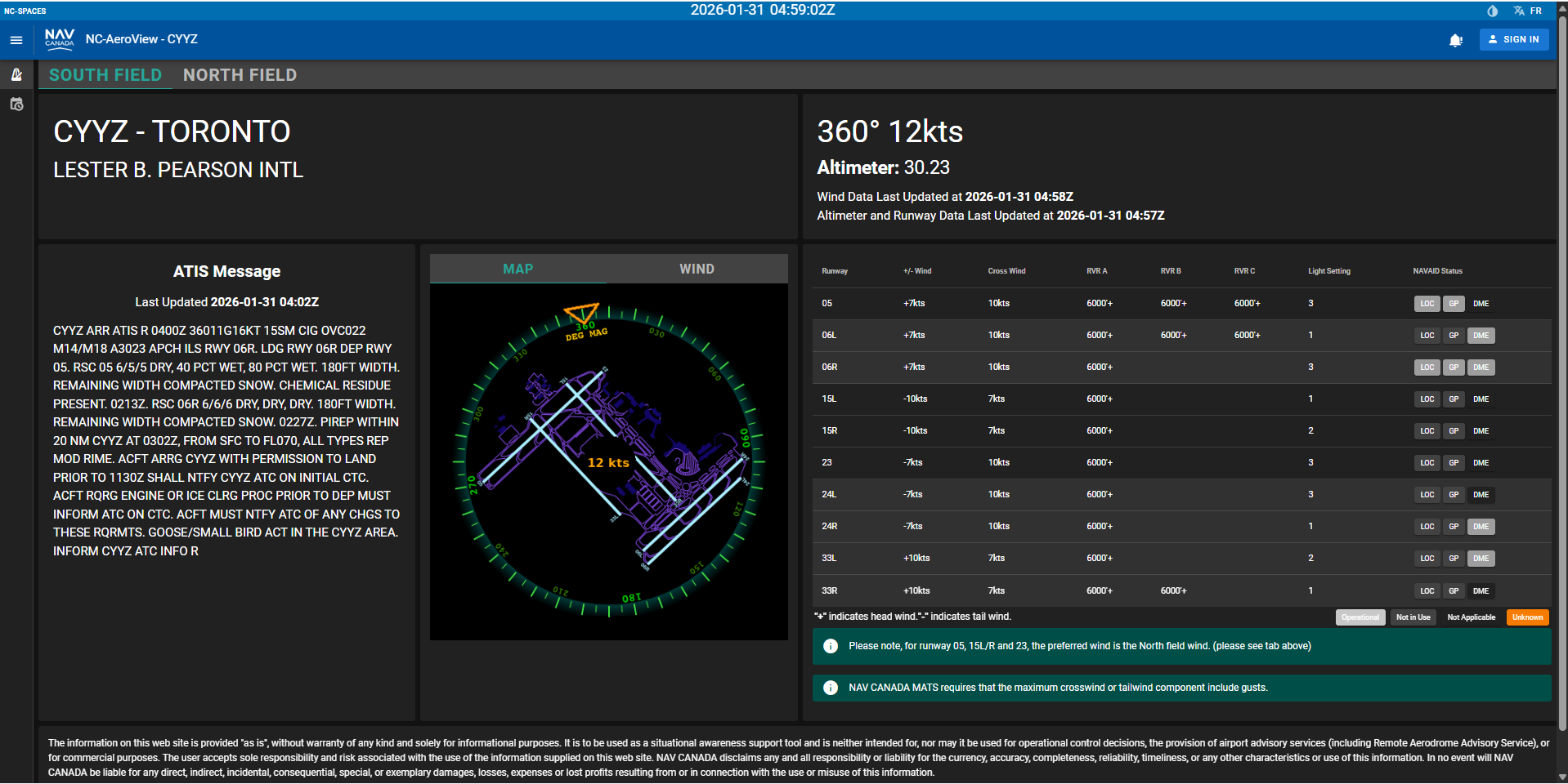AeroView North Field 2026-01-31 04:59Z showing 360 degrees at 12 knots and component table.