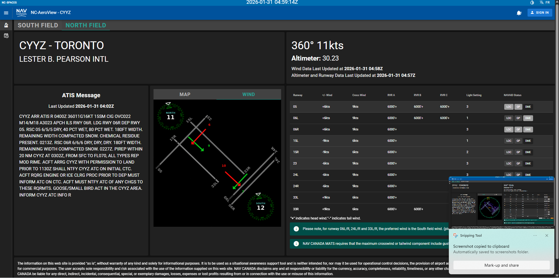 AeroView North Field 2026-01-31 04:59Z showing 360 degrees at 11 knots and component table.