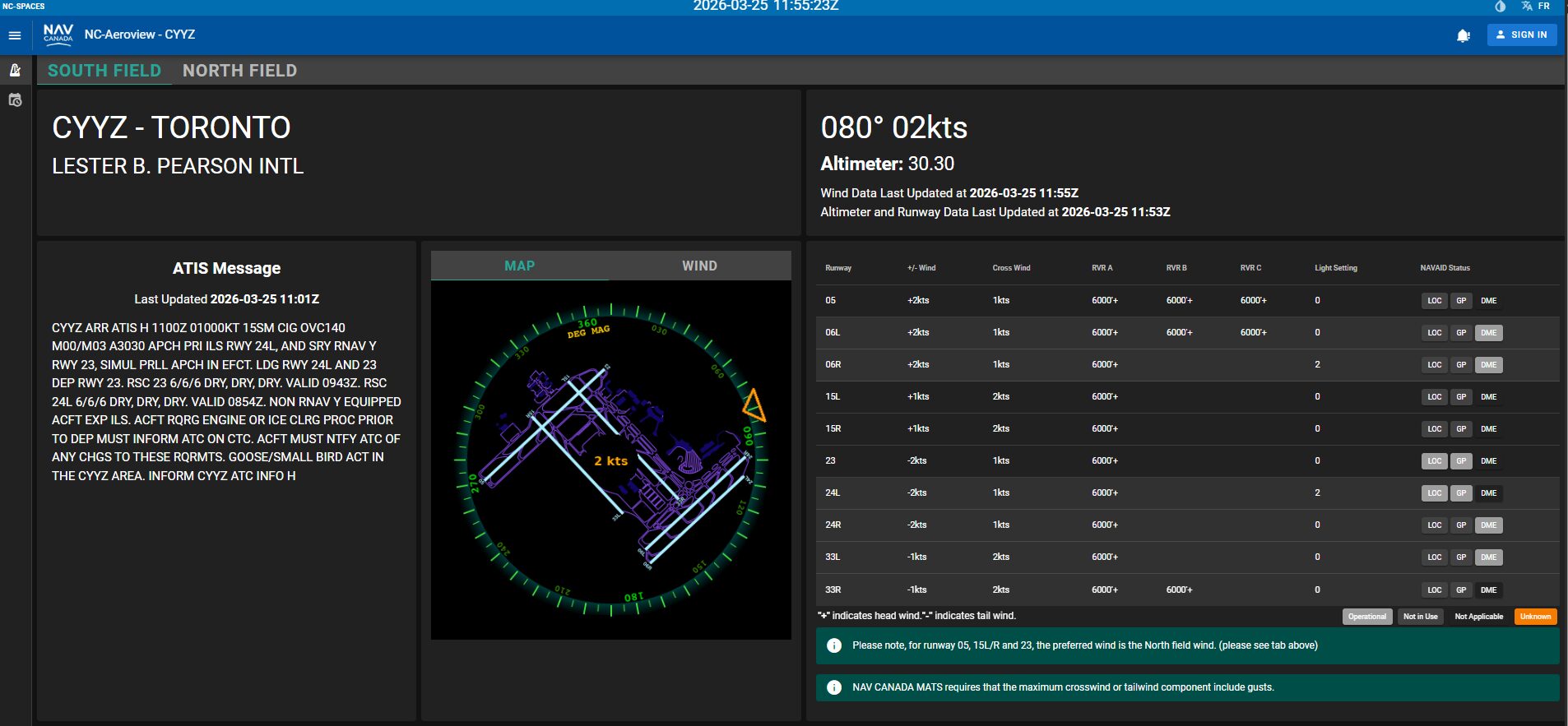 AeroView North Field capture on March 25, 2026 showing wind 050 degrees at 2 knots, ATIS indicating arrivals on Runway 24L and Runway 23, with headwind on Runway 05/06 and tailwind on Runway 23 and Runway 24L/24R.
